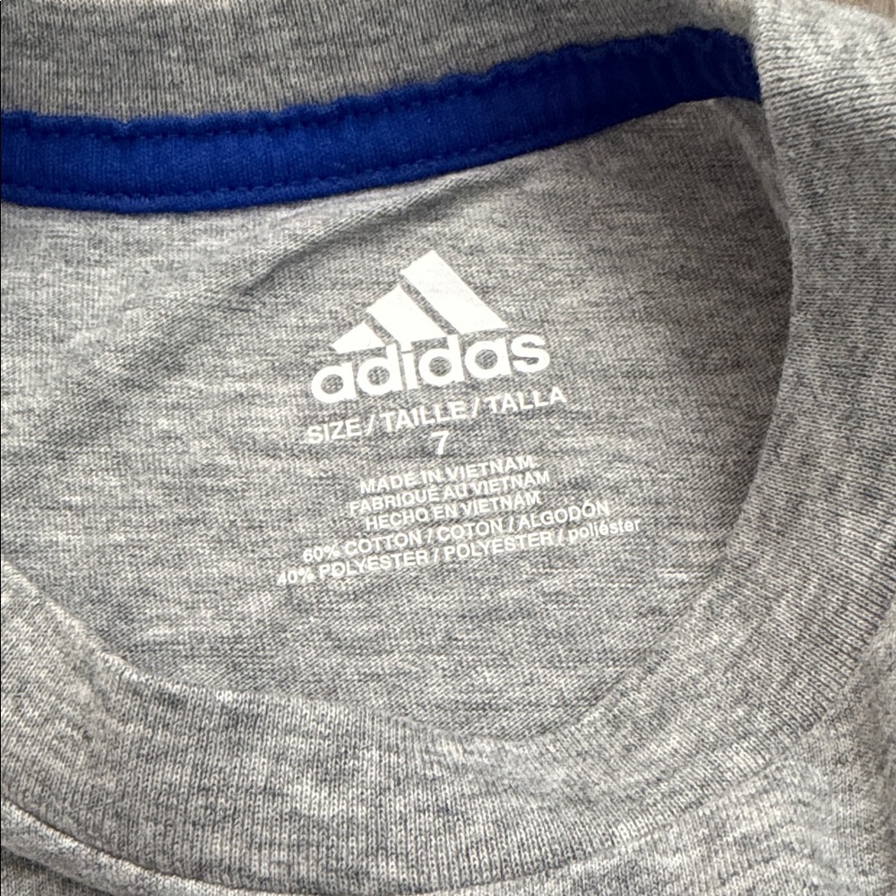 adidas Gray Tee with Multicolor Logo & Royal Blue Shorts Size 7 - Picture 3 of 7